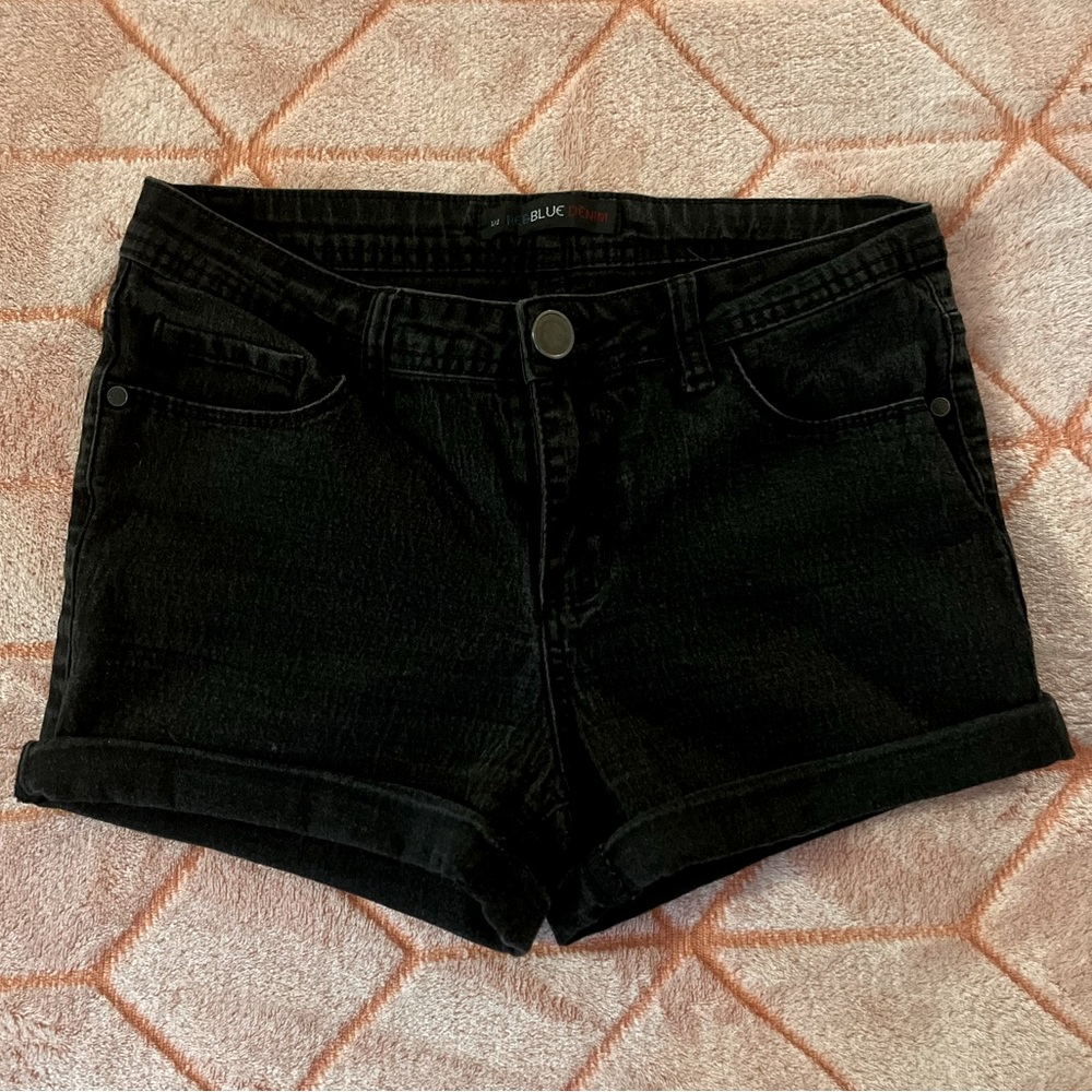 Black denim mid rise cuffed shorts